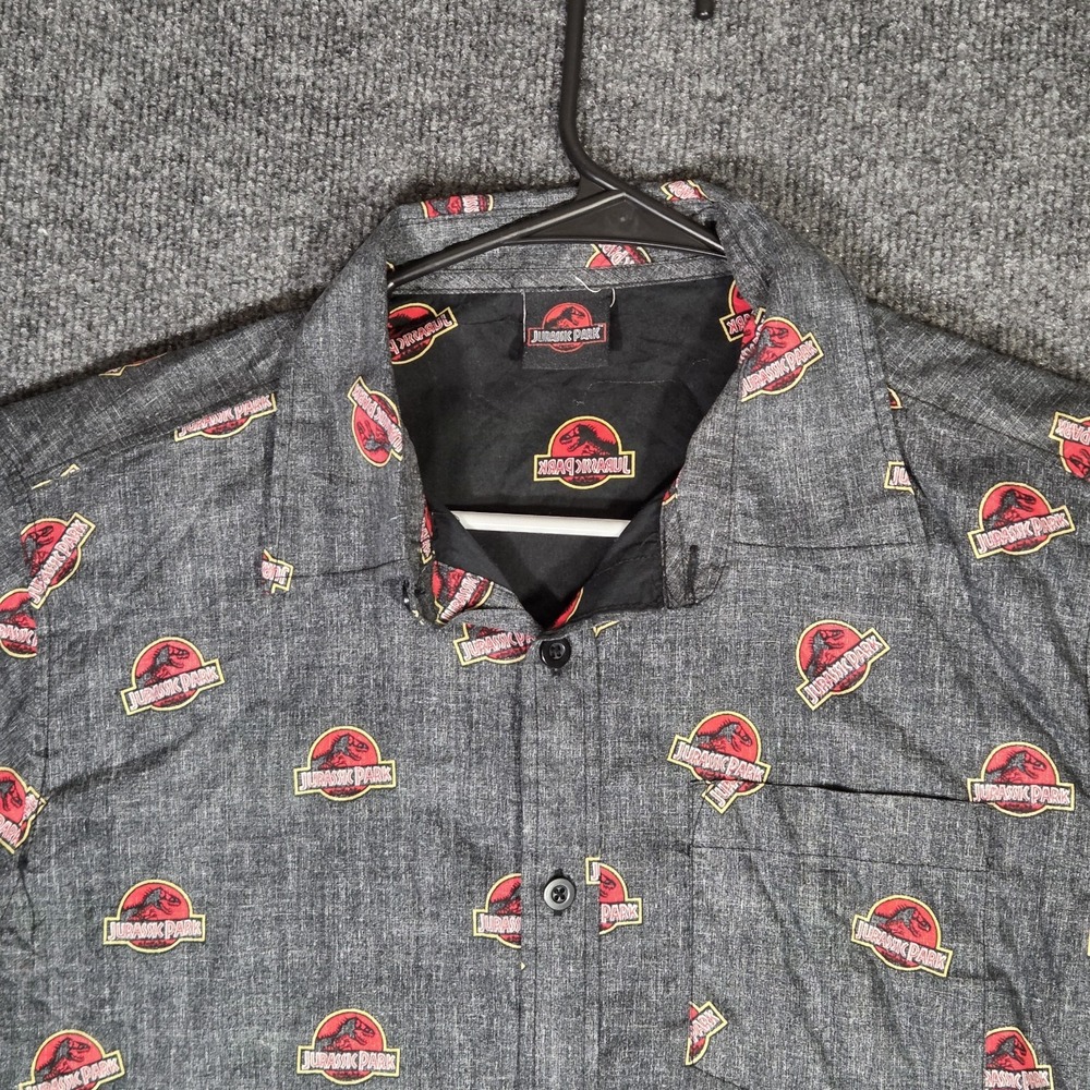 Jurassic Park Logo Button Up Shirt Mens Large Gray Short Sleeve Dinosaur Camp
